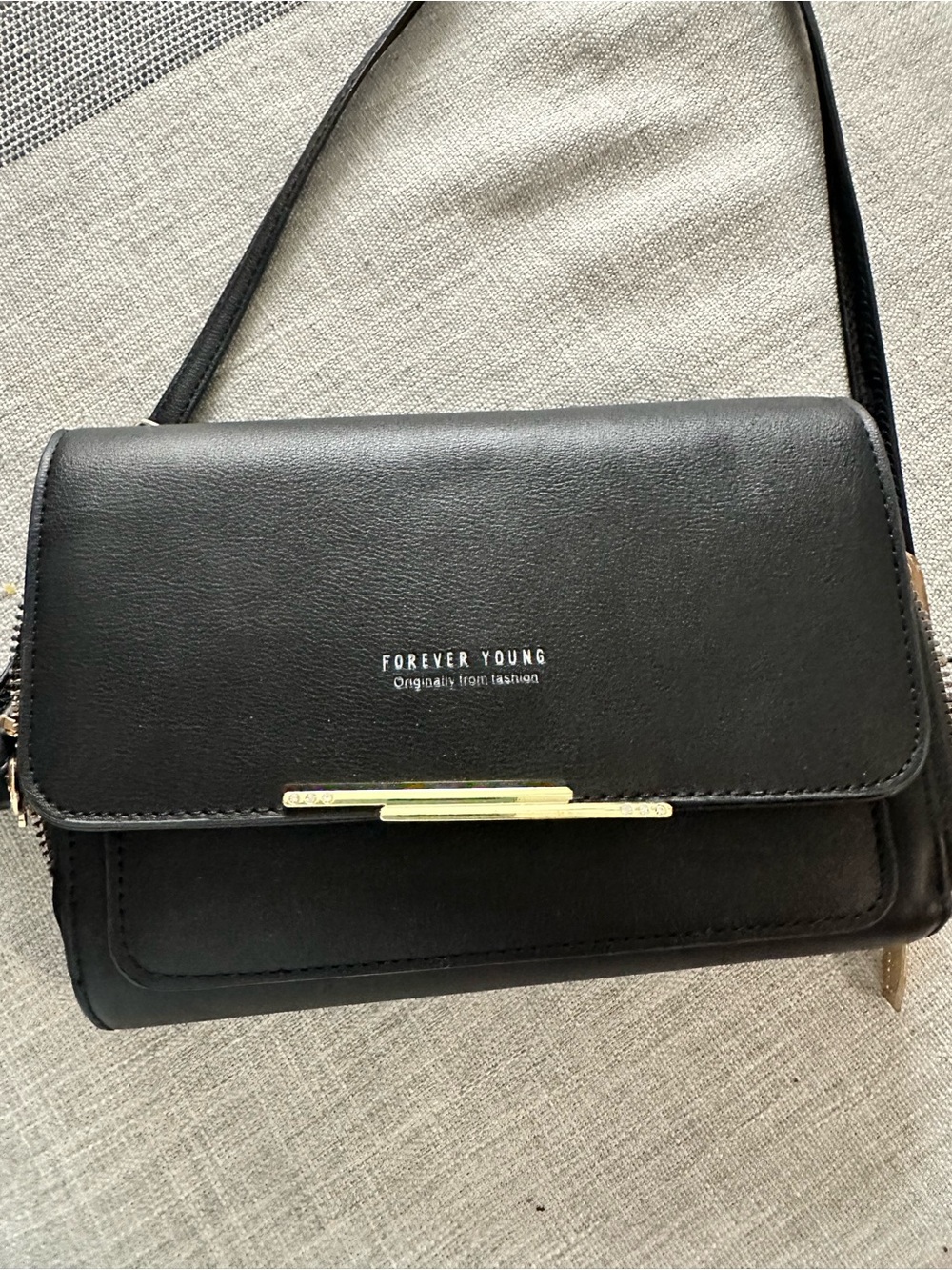 Forever Young Black Faux Leather Crossbody with Gold Bar Detail